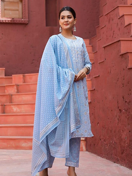 Embroidered Organic Kurta Set with Printed Cotton Dupatta & Pants