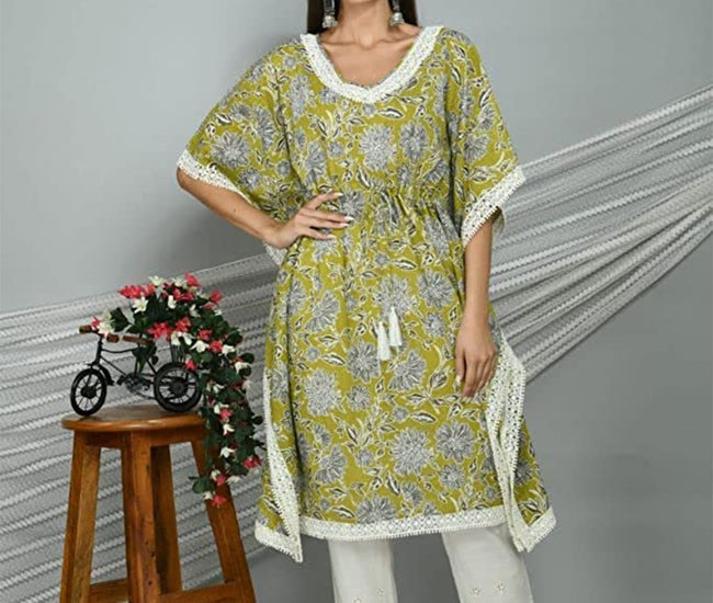 Women's Olive Green Printed Knee Length Kaftan Set with Fitted Pants