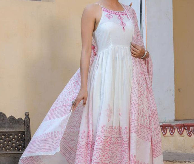 Organic Embroidered Cotton Kurta Kurti Set with Beautiful Mirror Work Summer Pink