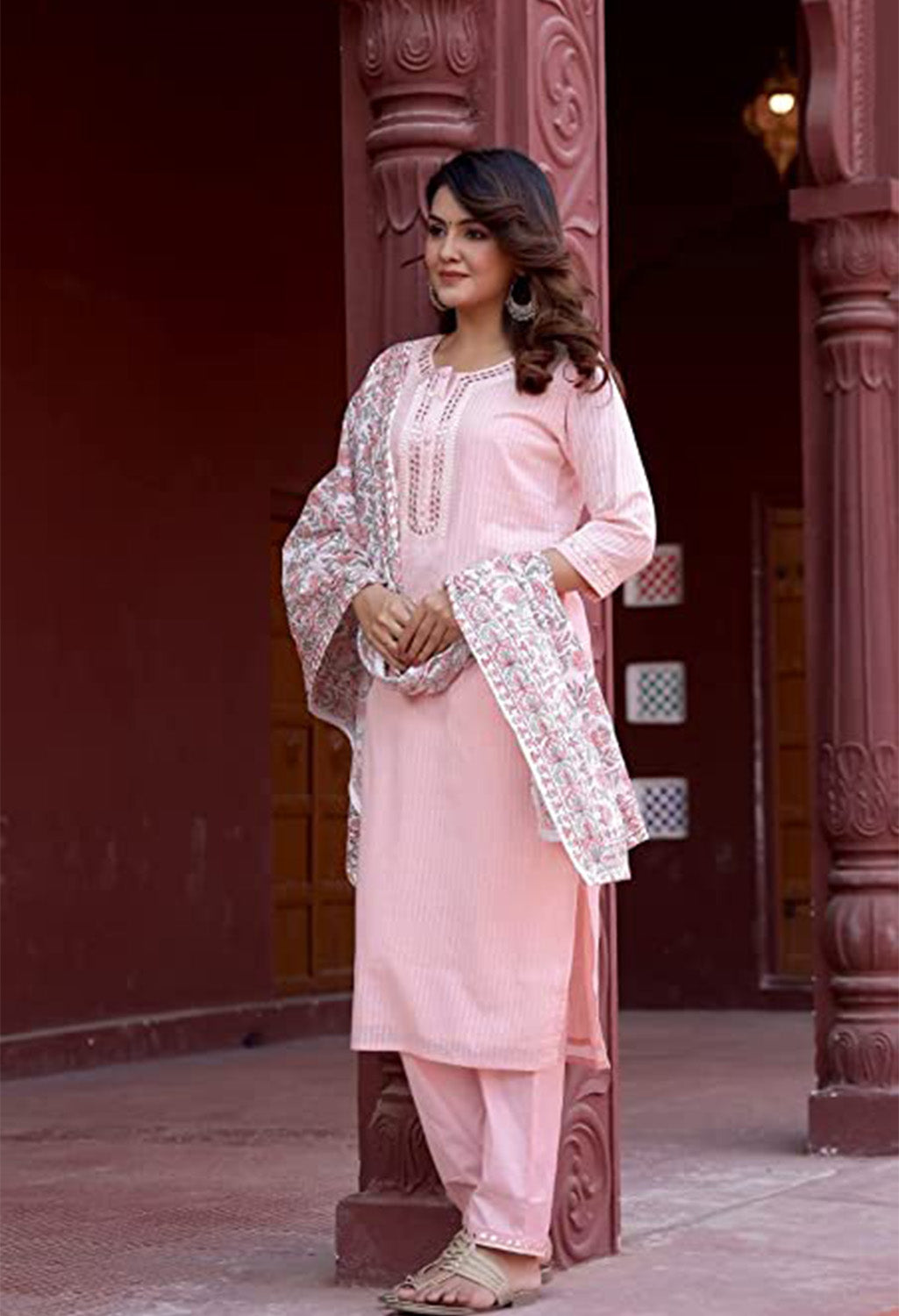 Embroidered Printed Cotton Mirror Work Kurta Set