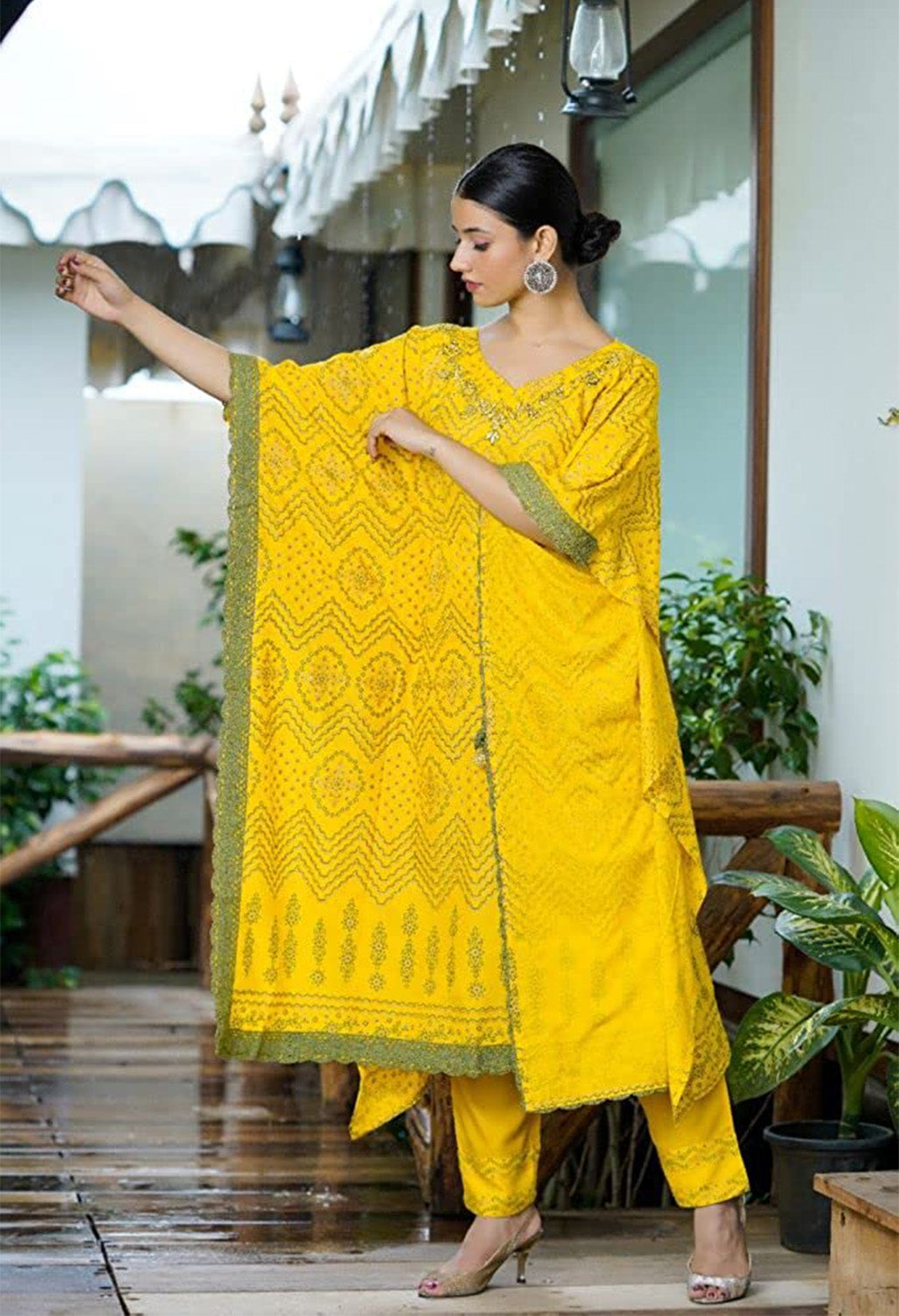 Printed Cotton Blend Women Kaftan Set Yellow