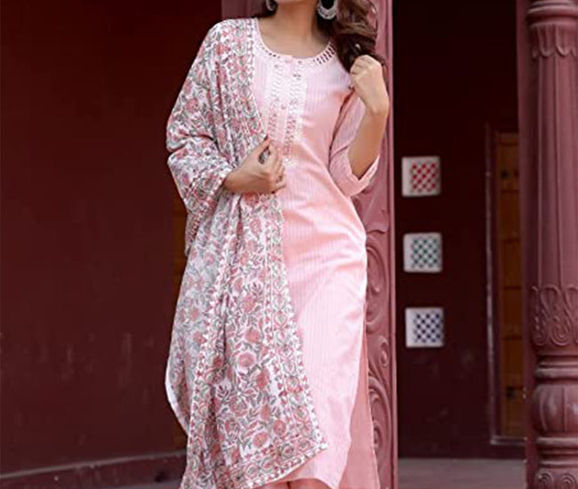 Embroidered Printed Cotton Mirror Work Kurta Set