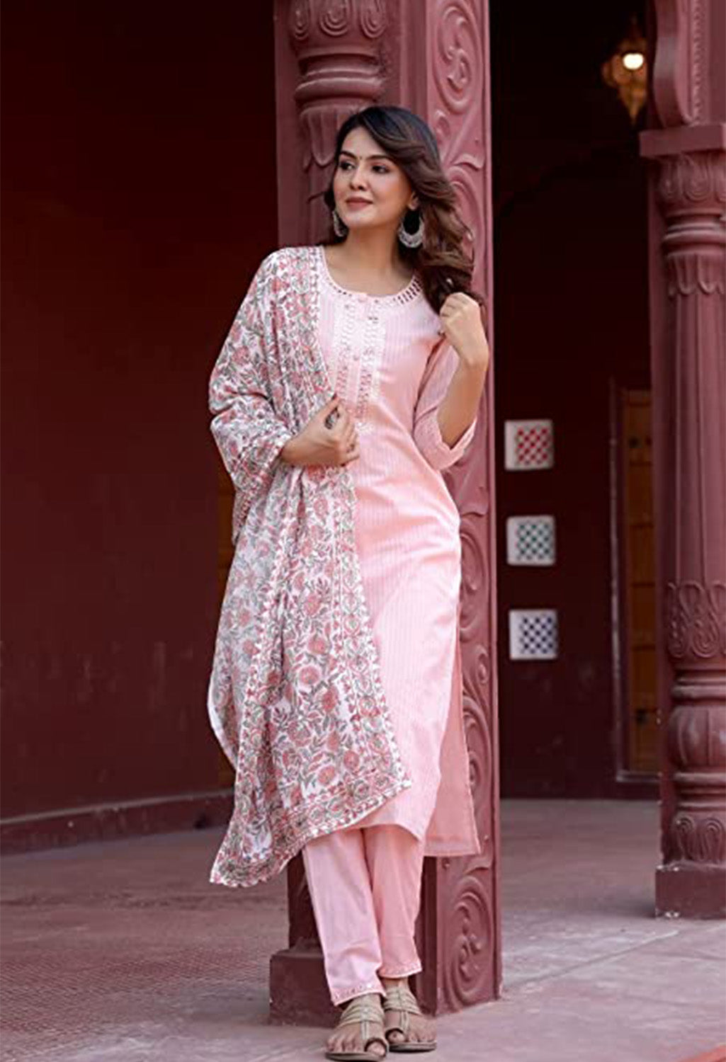 Embroidered Printed Cotton Mirror Work Kurta Set