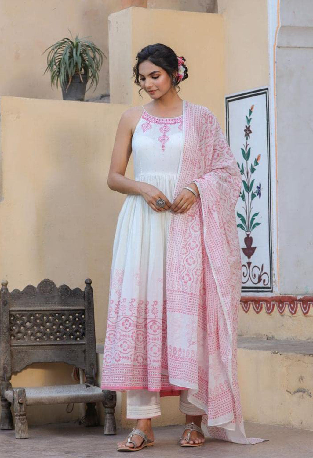 Organic Embroidered Cotton Kurta Kurti Set with Beautiful Mirror Work Summer Pink