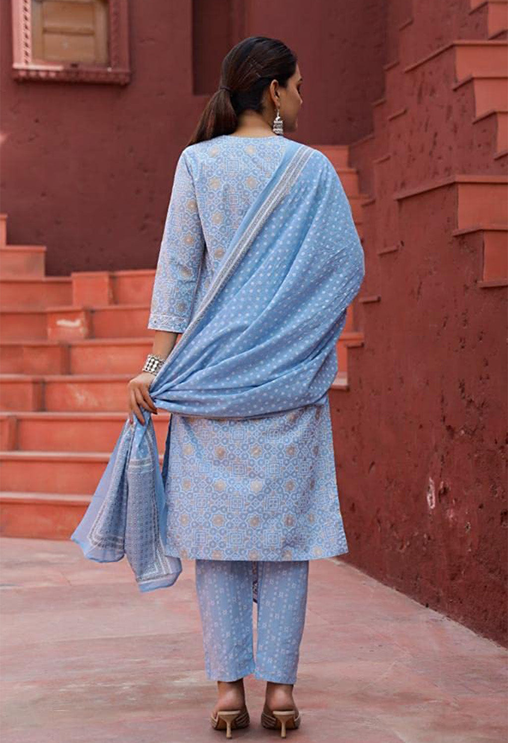 Embroidered Organic Kurta Set with Printed Cotton Dupatta & Pants