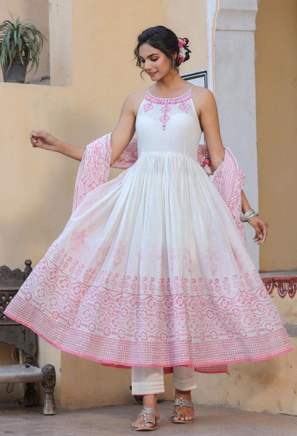 Organic Embroidered Cotton Kurta Kurti Set with Beautiful Mirror Work Summer Pink
