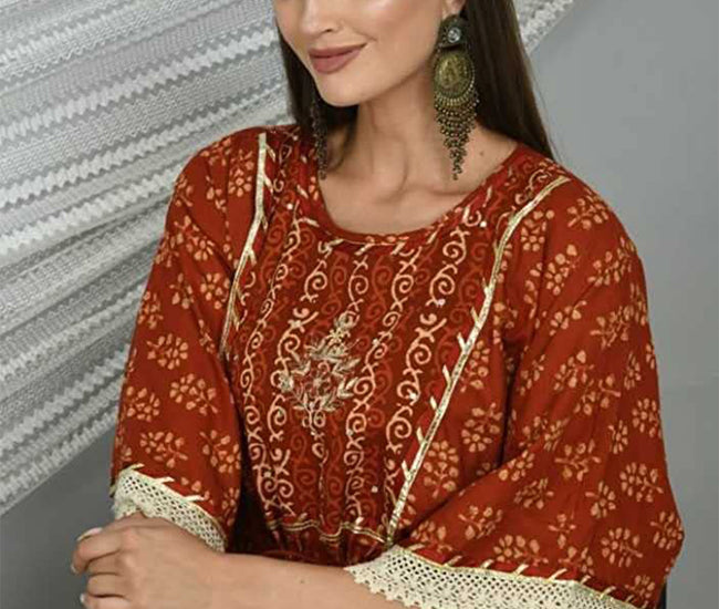 Graphic Print Cotton Silk Women Kaftan, Red