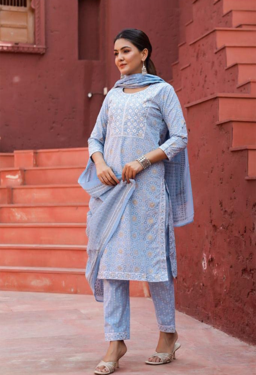 Embroidered Organic Kurta Set with Printed Cotton Dupatta & Pants
