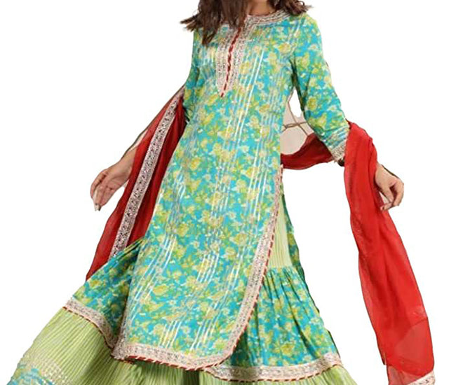 Women Kurta and Churidar Set Cotton Silk, Green