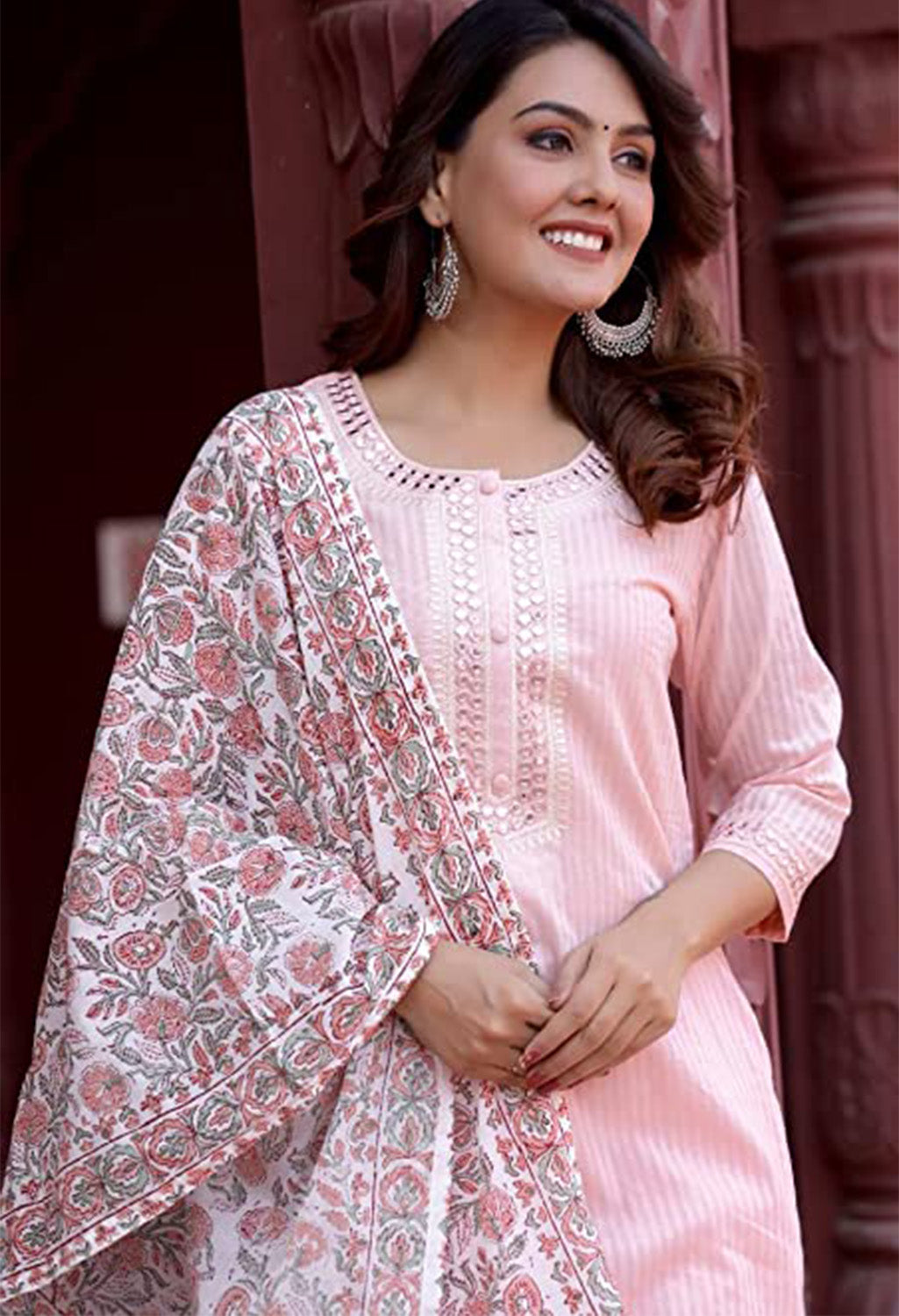 Embroidered Printed Cotton Mirror Work Kurta Set