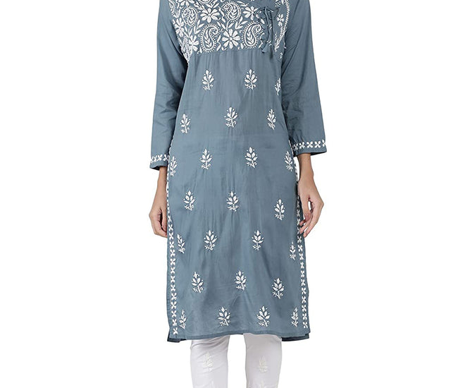 Lucknow Chikan Regular Fit Powder Organic Cotton Kurta with  Flexible Lycra Pants
