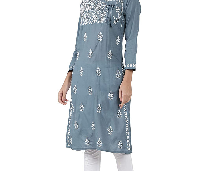 Lucknow Chikan Regular Fit Powder Organic Cotton Kurta with  Flexible Lycra Pants