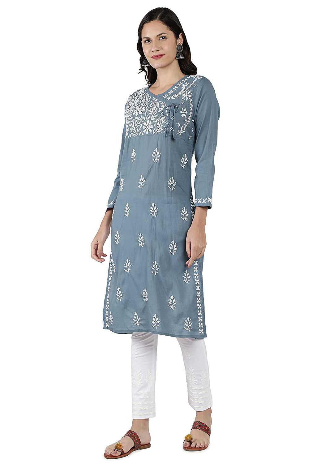 Lucknow Chikan Regular Fit Powder Organic Cotton Kurta with  Flexible Lycra Pants