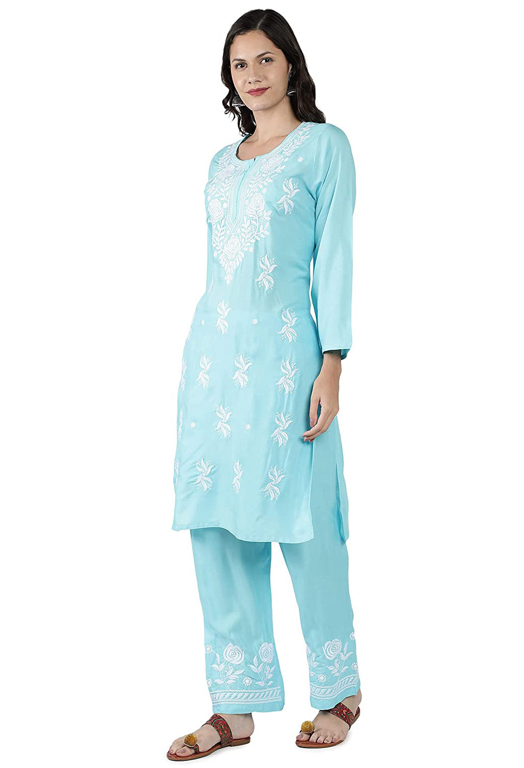 Lucknowi Regular Fit Organic Cotton kurta with Complete Hand Embroidery