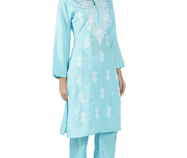 Lucknowi Regular Fit Organic Cotton kurta with Complete Hand Embroidery