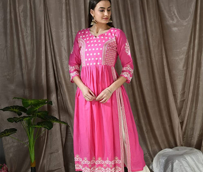 Stitched A-line Pure Cotton Kurta Pant Set Pink & Beige