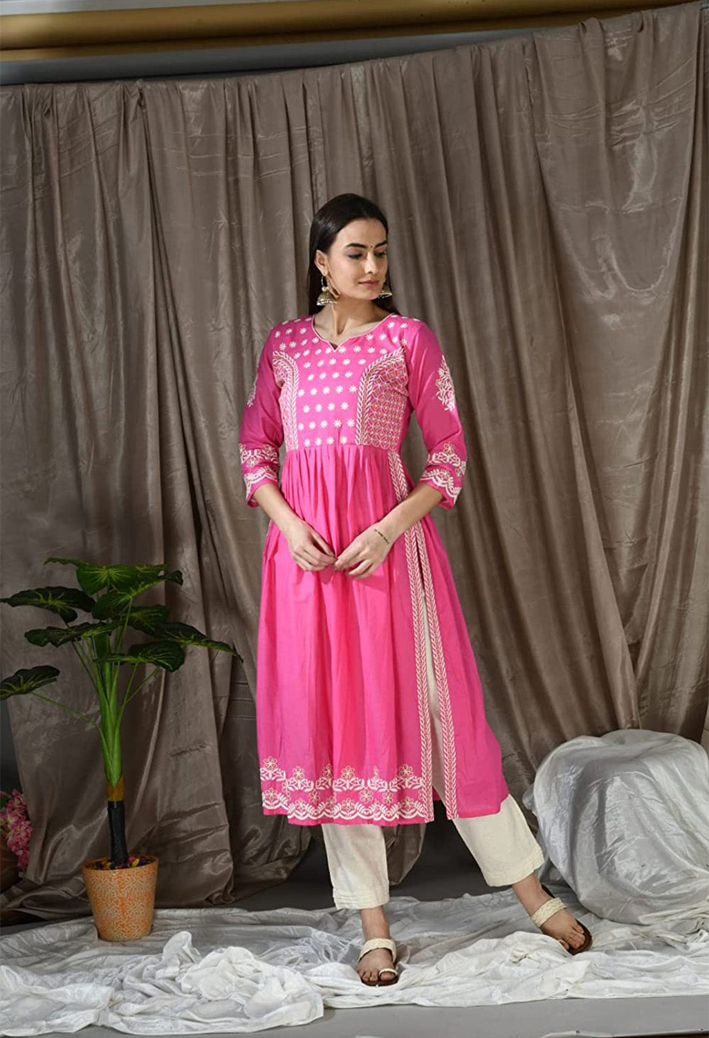 Stitched A-line Pure Cotton Kurta Pant Set Pink & Beige