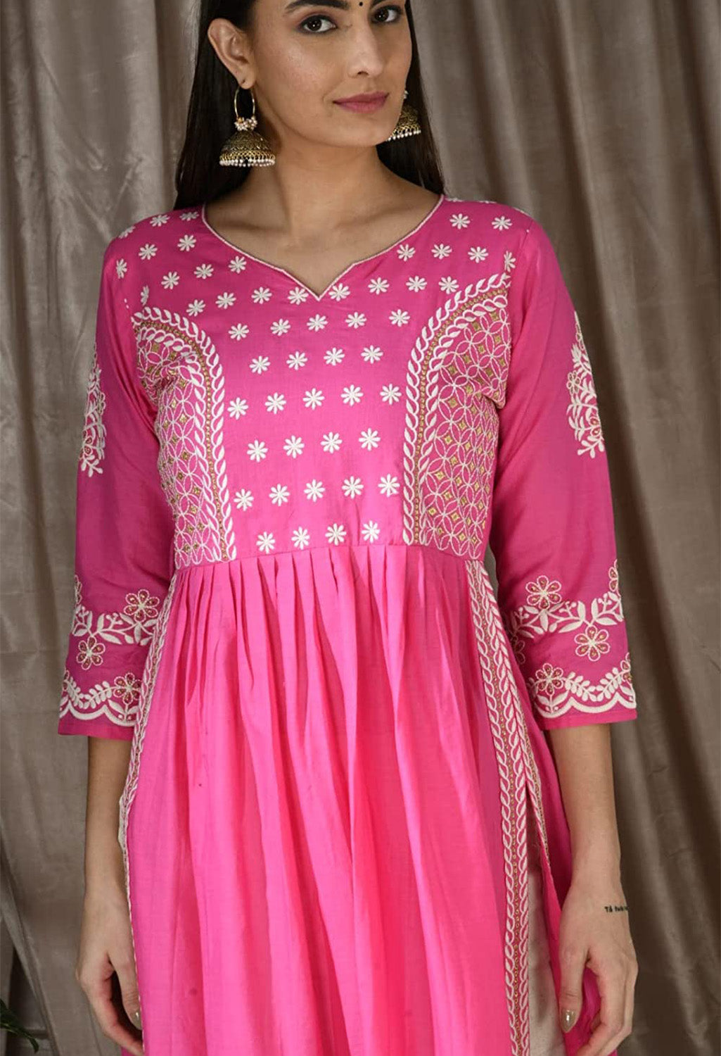 Stitched A-line Pure Cotton Kurta Pant Set Pink & Beige