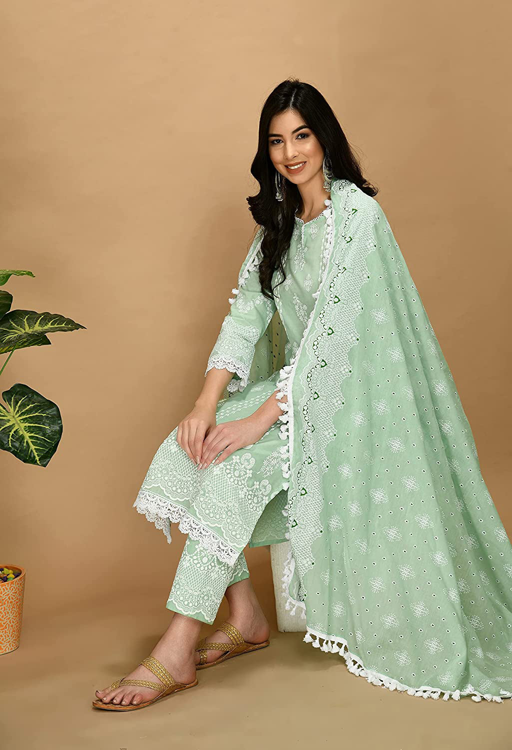 Straight Embroidered Shifli Organic Cotton Kurta Pant and Dupatta Set Color Summer Mint Green