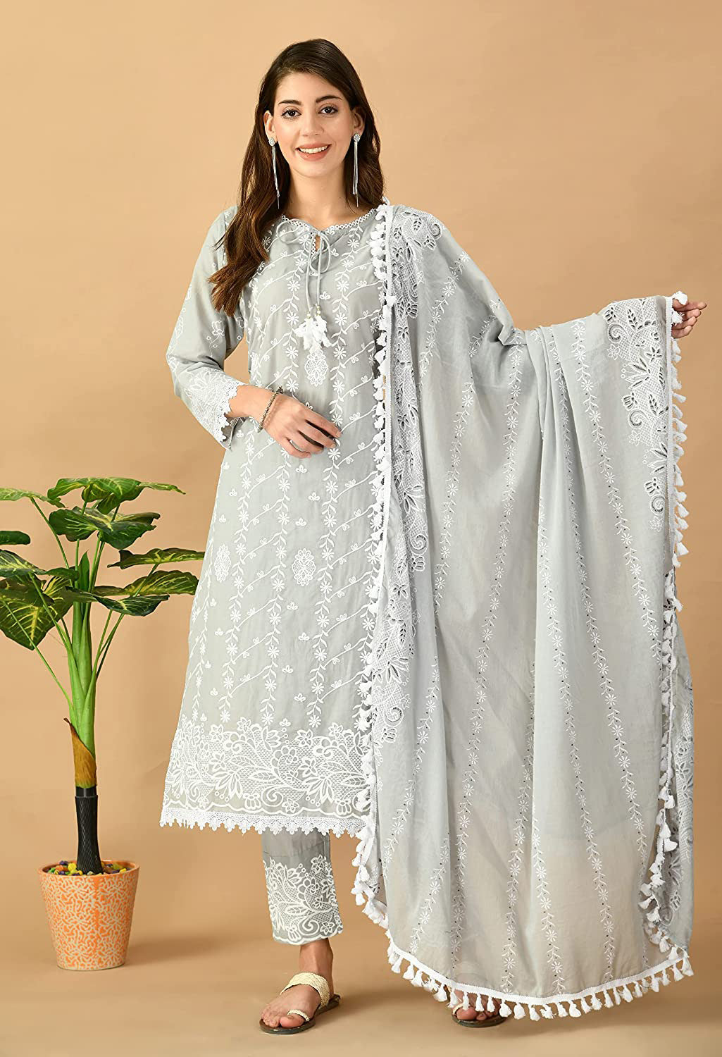 Lucknowi Organic Embroided Pure Cotton Kurta Set with Pant & Dupatta