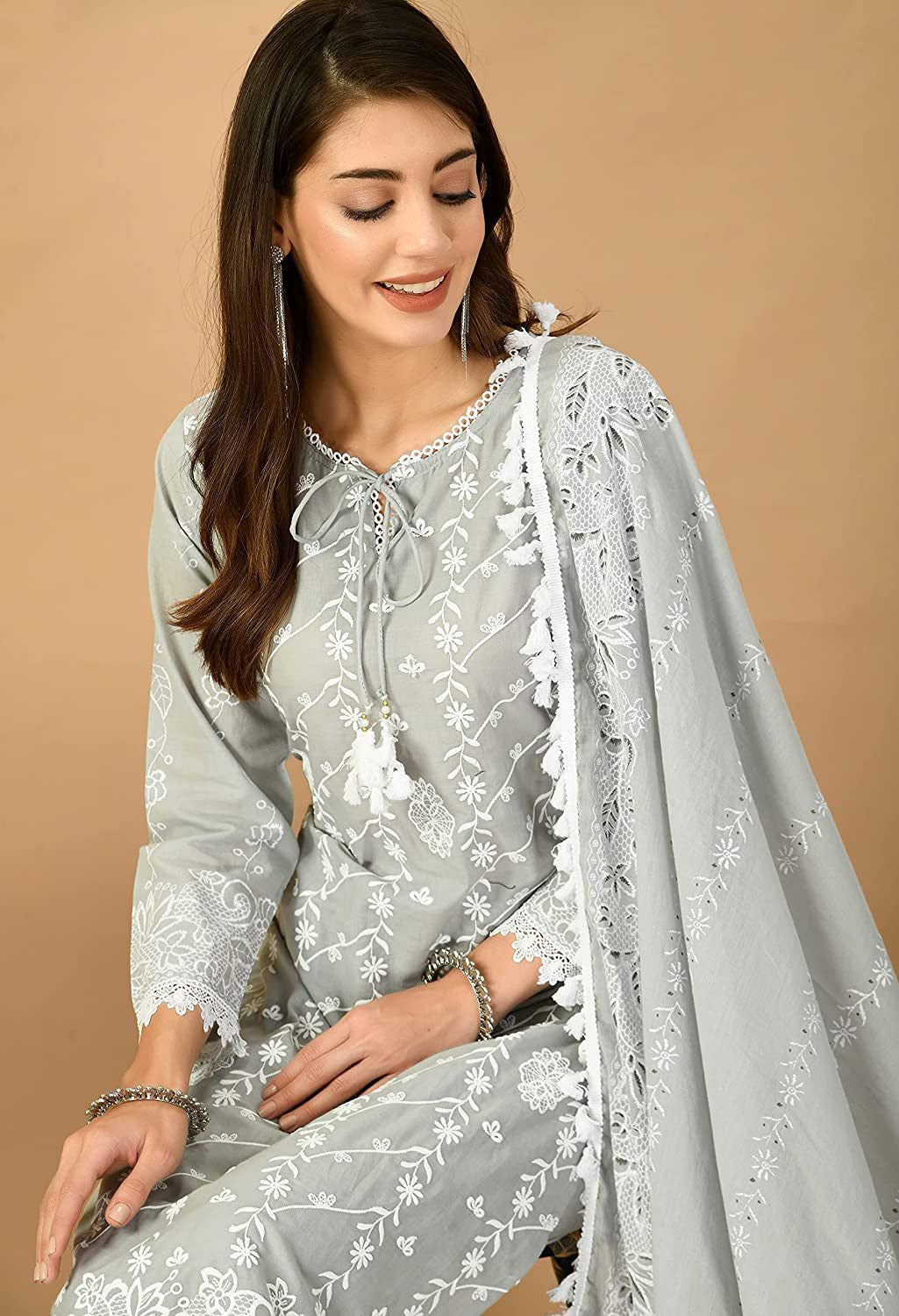 Lucknowi Organic Embroided Pure Cotton Kurta Set with Pant & Dupatta