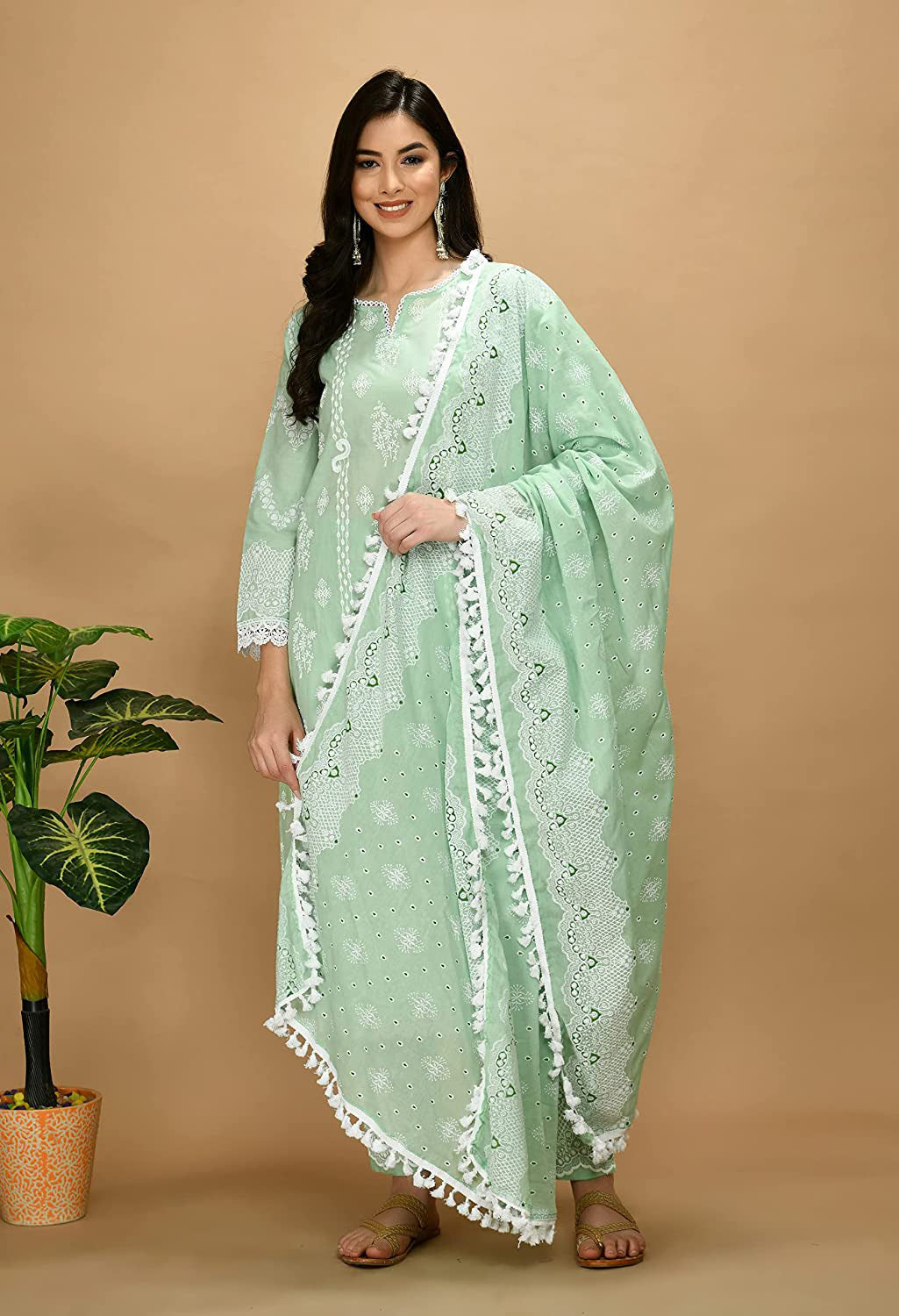 Straight Embroidered Shifli Organic Cotton Kurta Pant and Dupatta Set Color Summer Mint Green