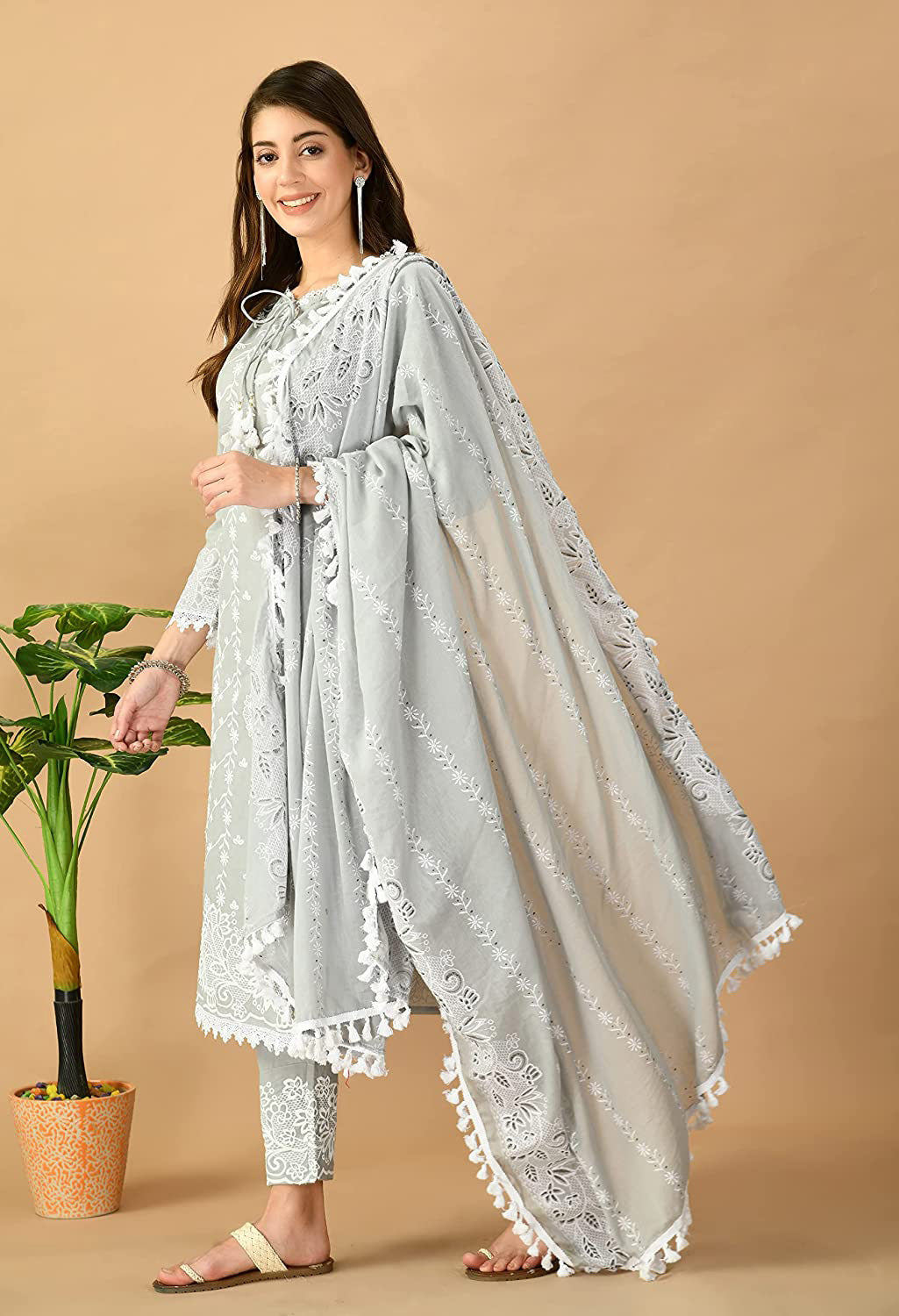 Lucknowi Organic Embroided Pure Cotton Kurta Set with Pant & Dupatta