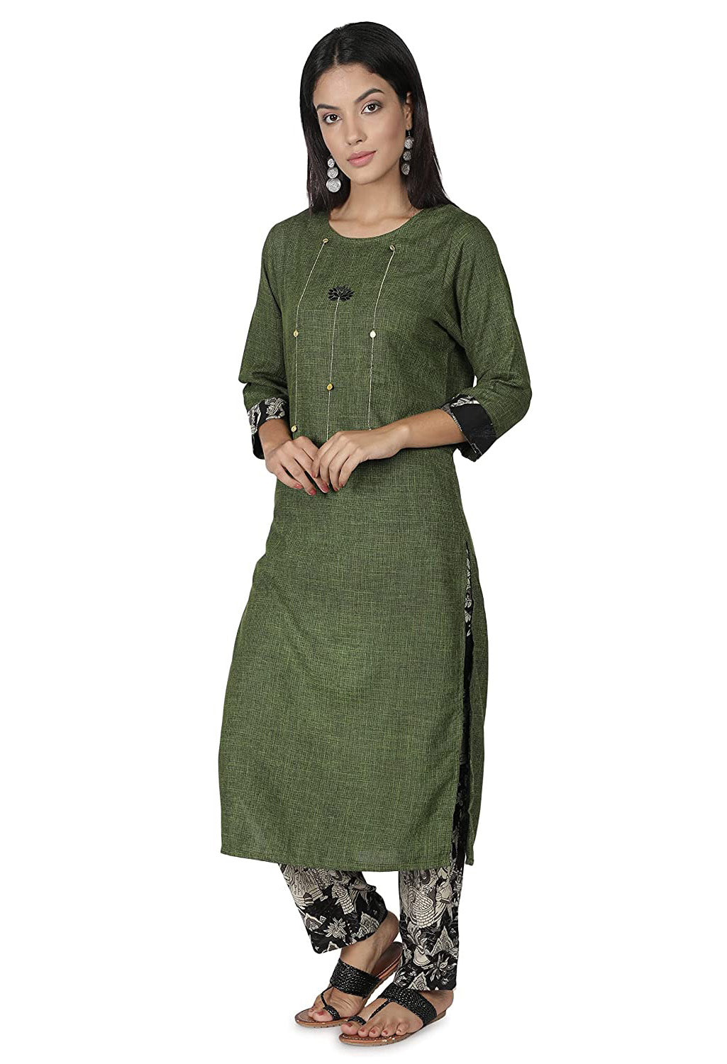 Olive Green Cotton Kurti with Black Printed Palazoo