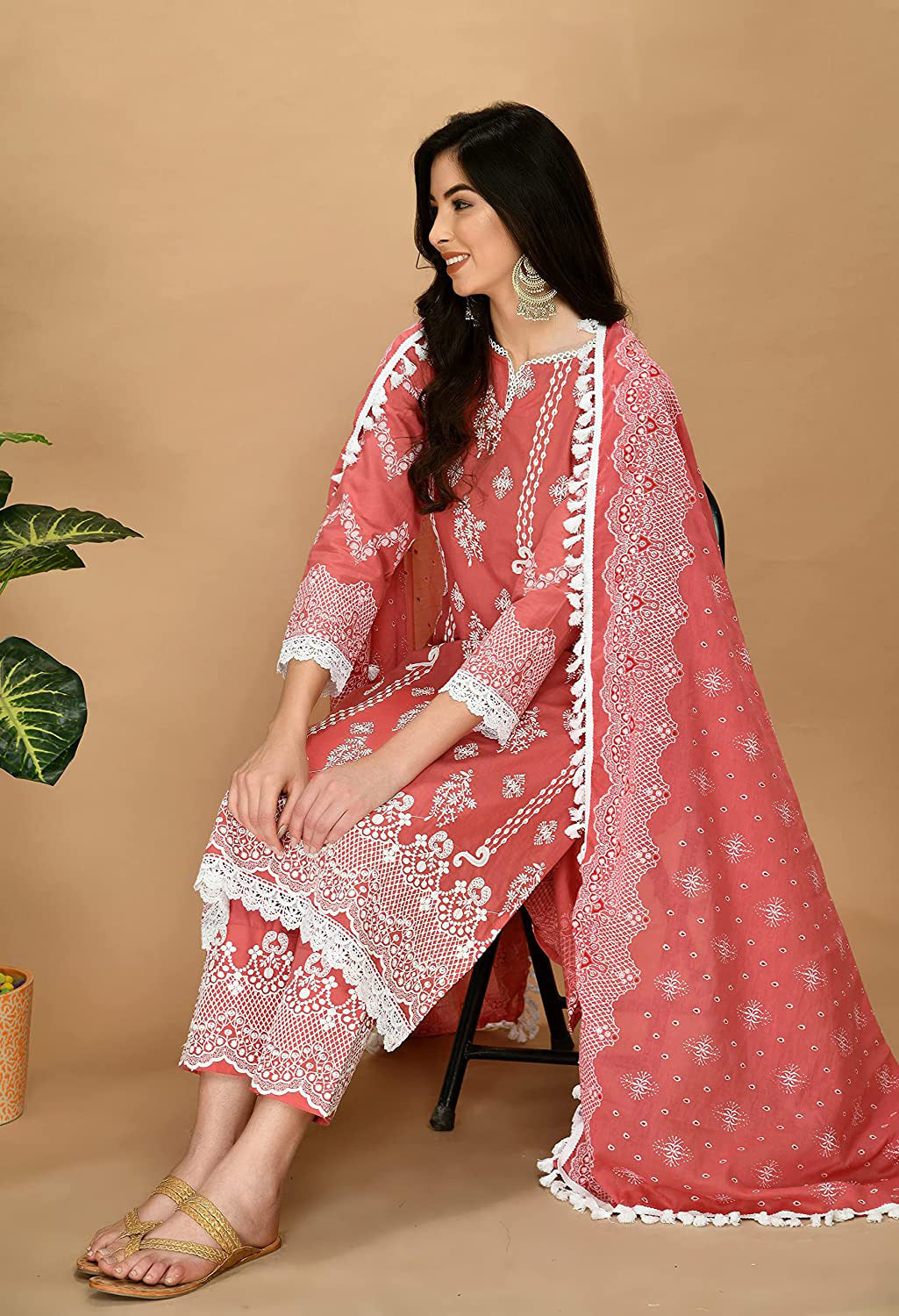 Organic Embroidered Cotton Kurta Kurti Set with Beautiful White Lace